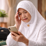 Illustrasi wanita lansia Indonesia sedang menatap layar ponselnya. Kebijakan war tiket dinilai akan merugikan pihak yang sulit mengakses internet, termasuk lansia.